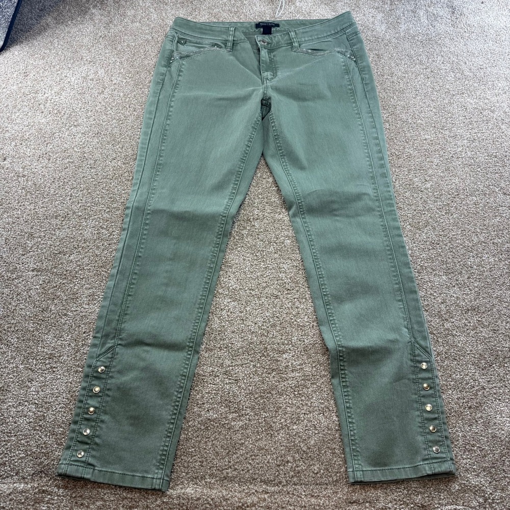 White House Black Market Blanc Slim Ankle Pants 10R Olive Green Rhinestone 10